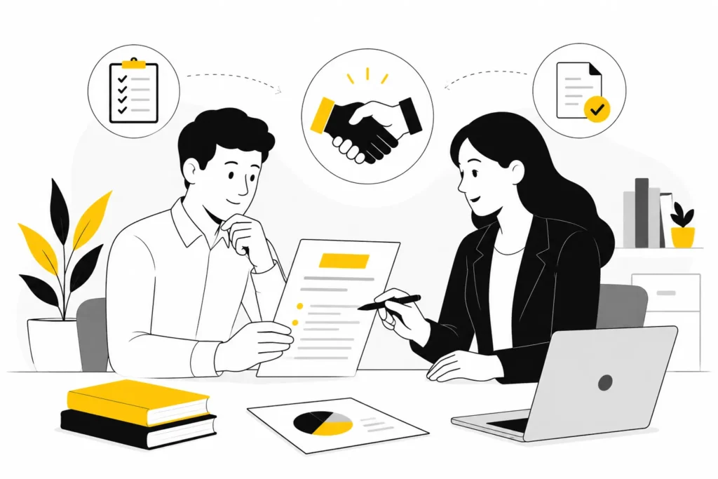 Business owner reviewing a social media management contract with a marketing consultant
