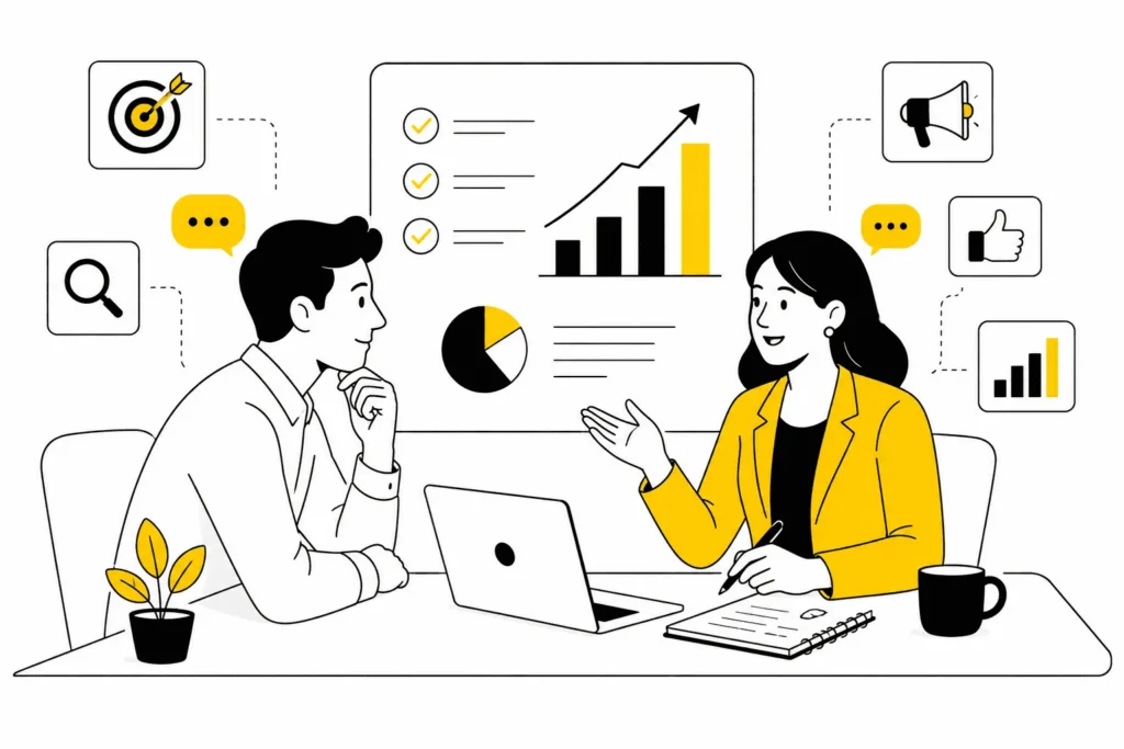 Business owner discussing digital marketing strategy options