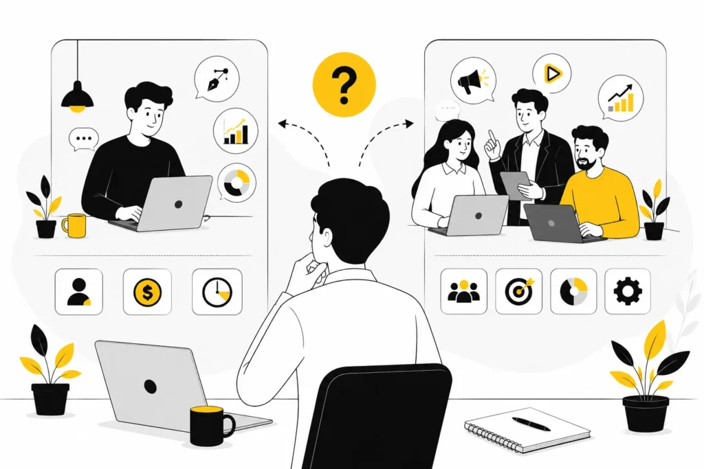 Business owner comparing freelance social media marketer and marketing agency services
