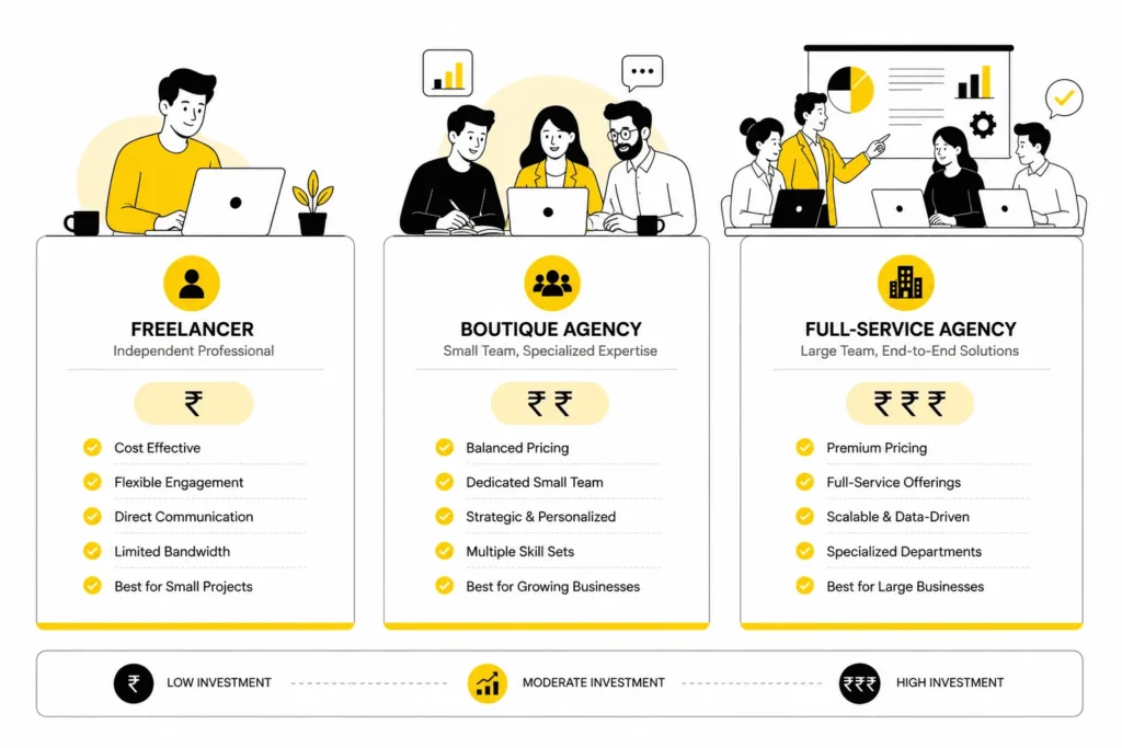Comparison of freelancer, boutique marketing team and full-service agency