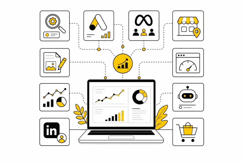 Digital marketing services including SEO, Google Ads, Meta Ads, local SEO and content marketing.