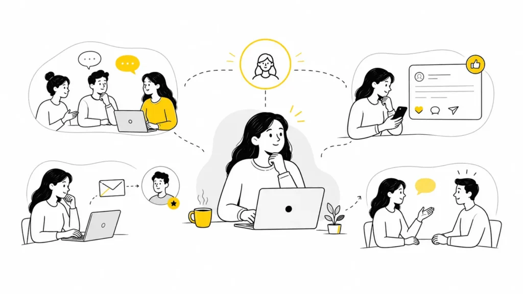 Illustration of generating first leads through communities, social engagement and personalized outreach