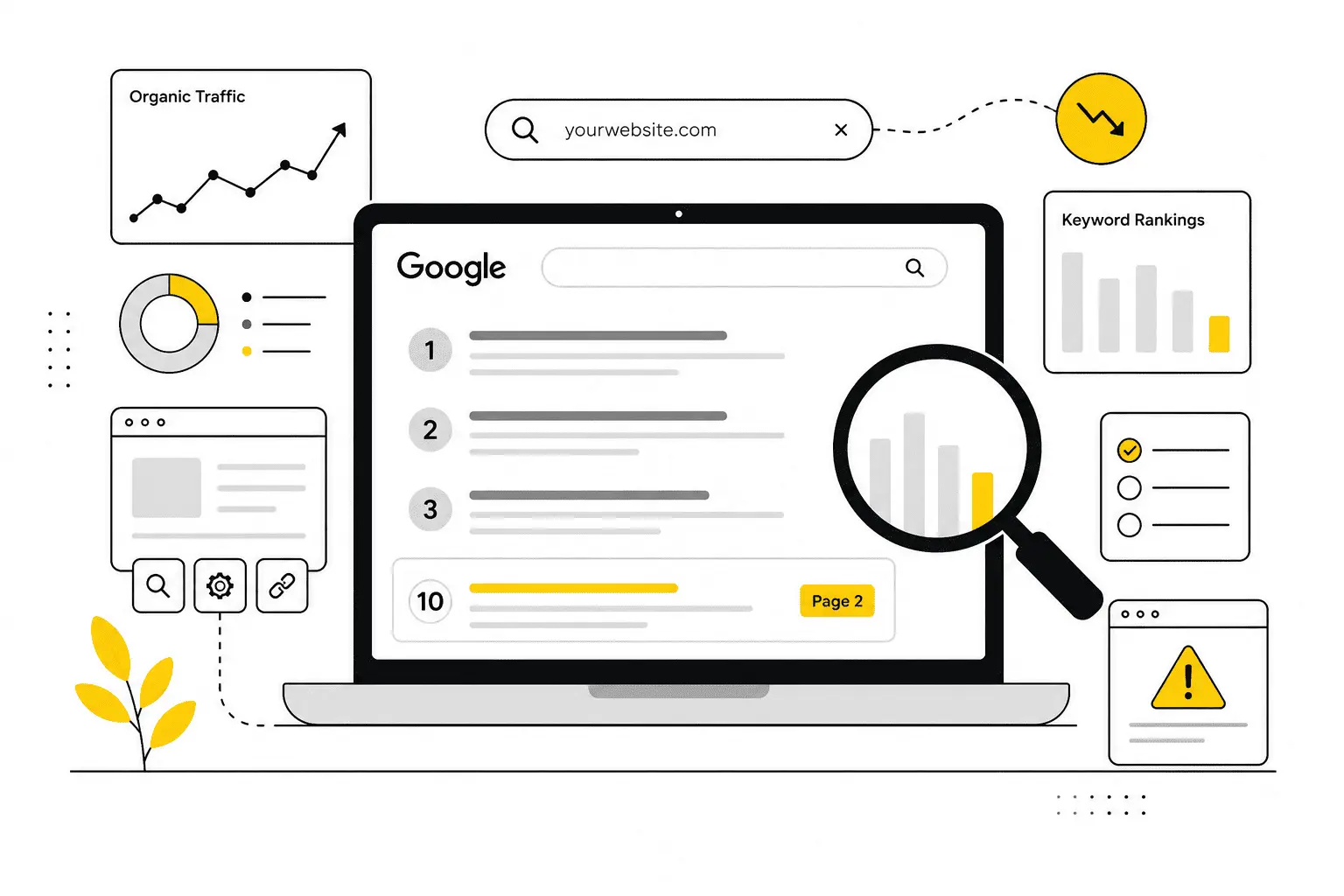 Illustration showing reasons why a website is not ranking on Google, including SEO audit, search results, page speed, indexing, and technical SEO issues.