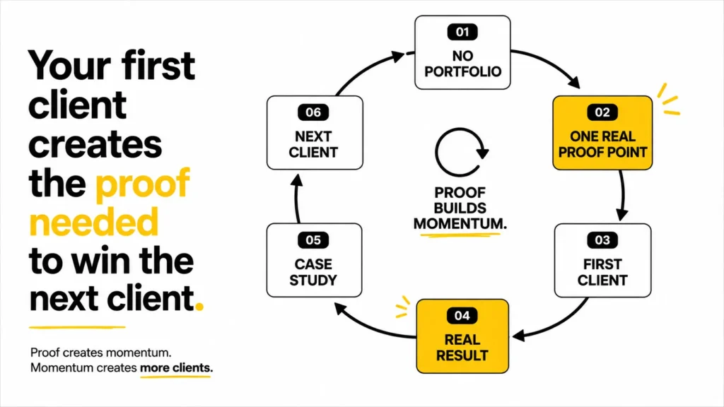 SEO freelancer growth flywheel from first proof point to client result and case study
