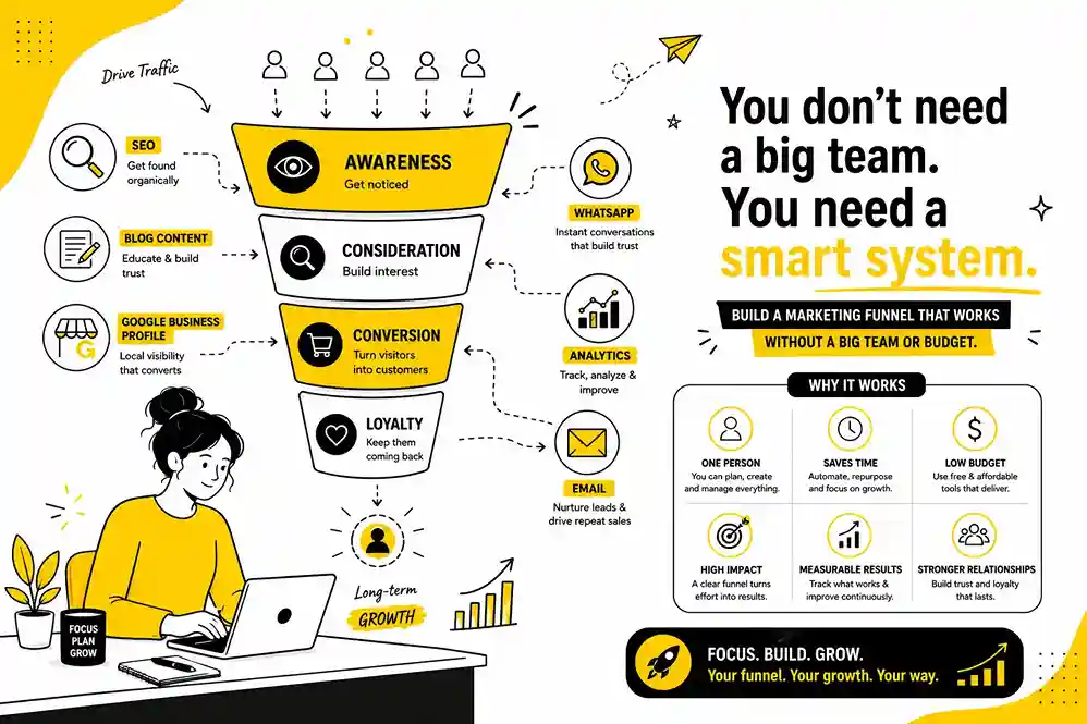 Marketing funnel without a big team or budget illustrated for small businesses