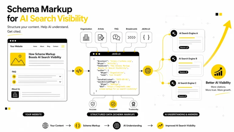 Illustration showing how schema markup helps AI search engines understand website content using structured data for better AI search visibility.