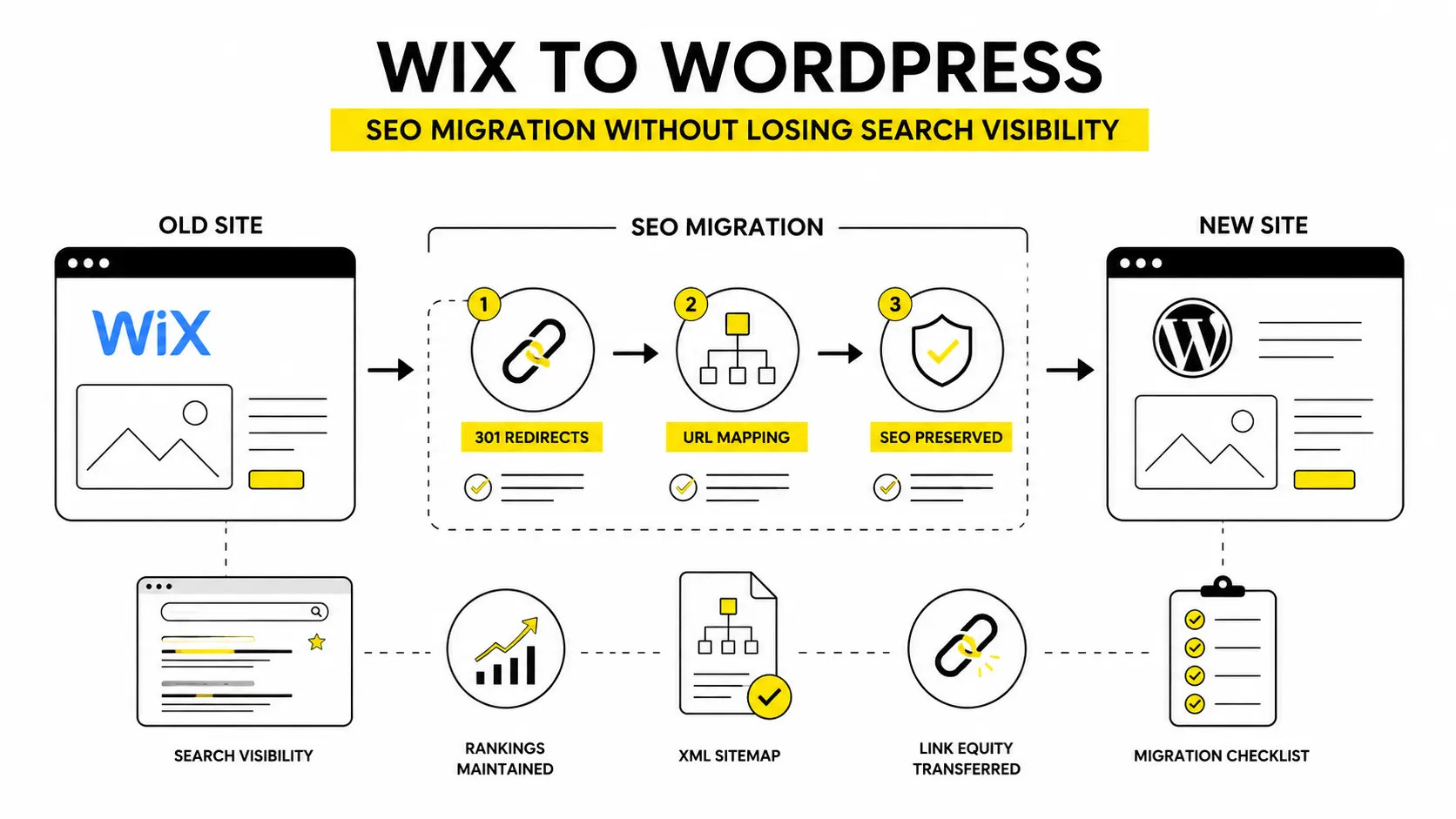 Wix to WordPress SEO migration checklist with 301 redirects and URL mapping
