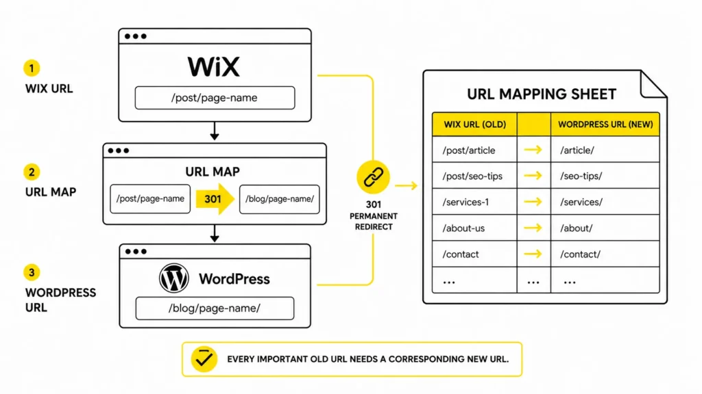 Wix to WordPress URL mapping and 301 redirect process