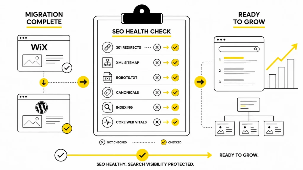 Post-migration SEO checklist for checking redirects sitemap indexing and Core Web Vitals