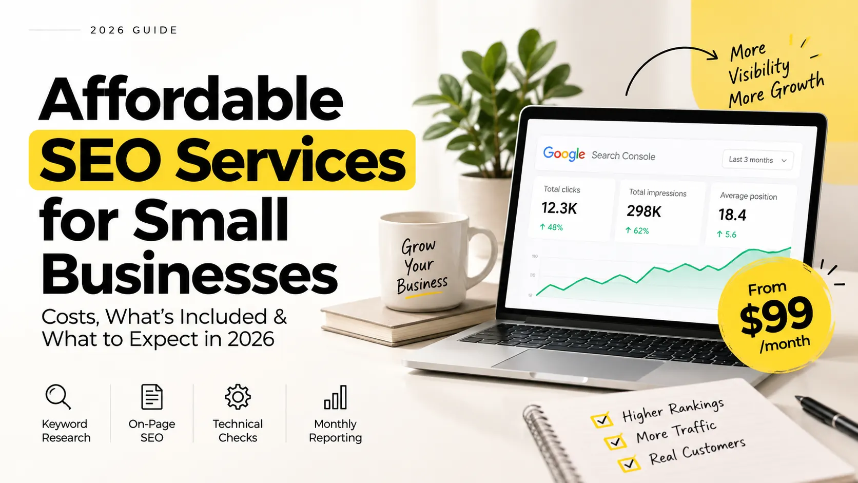 Affordable SEO services for small businesses, including on-page SEO, technical SEO, keyword research, and monthly reporting.