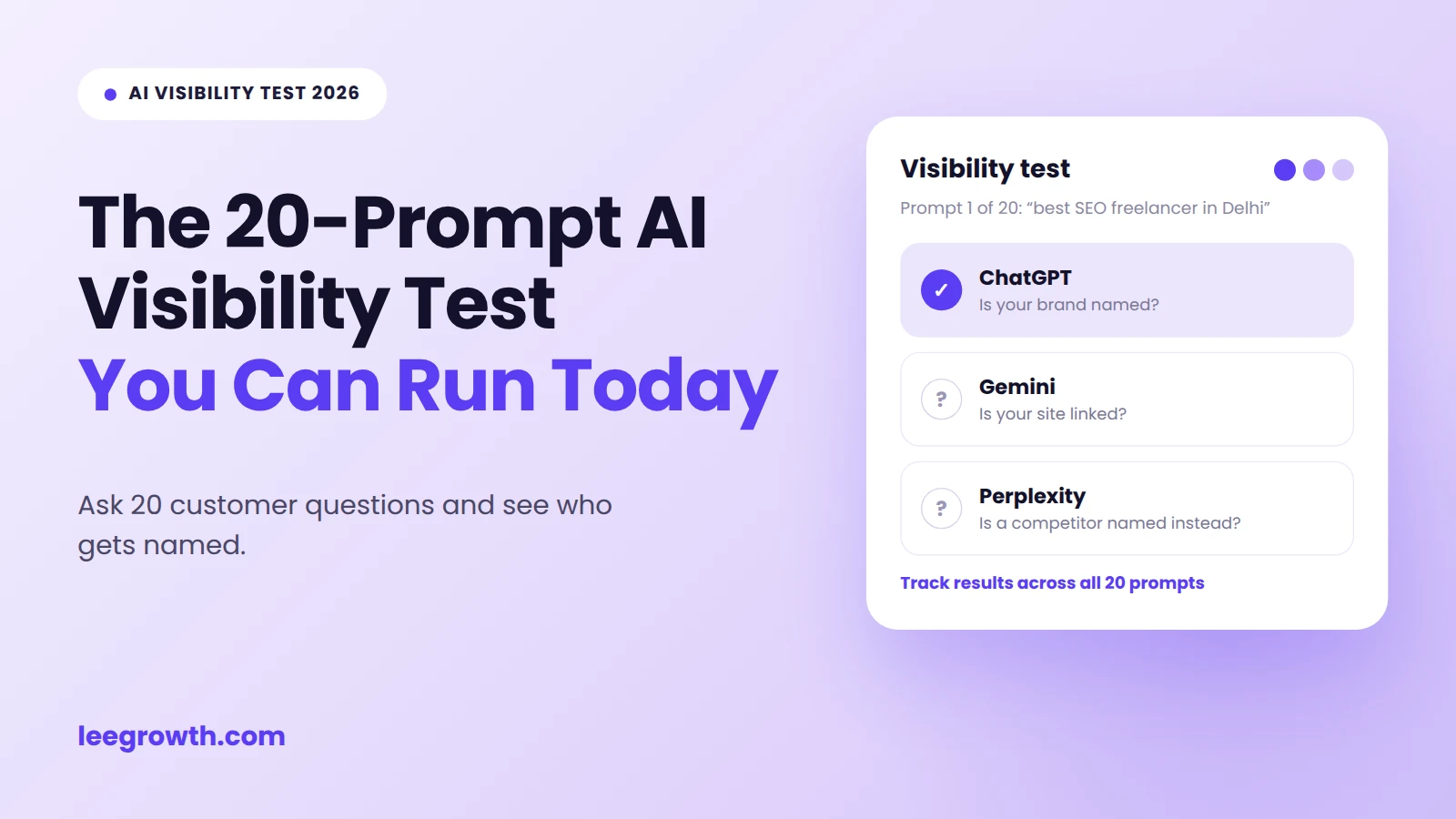 The 20-Prompt AI Visibility Test featured image showing a visibility test card for ChatGPT, Gemini, and Perplexity, by leegrowth.com