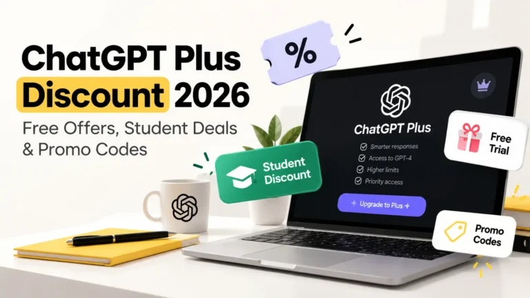 ChatGPT Plus discount 2026 guide featuring free offers, student deals, and promo codes.