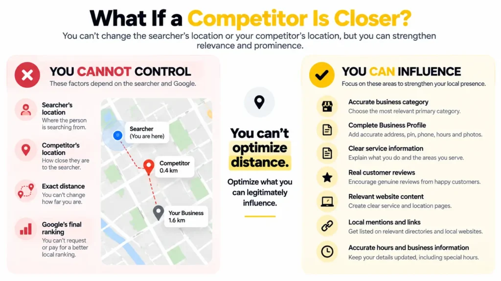 Near me SEO framework showing what businesses can and cannot control when a competitor is closer to the searcher