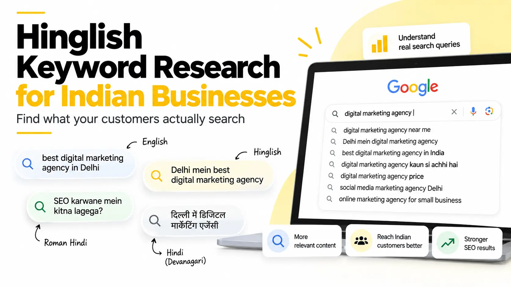 Hinglish keyword research examples for Indian businesses using English, Roman Hindi and Hindi search queries