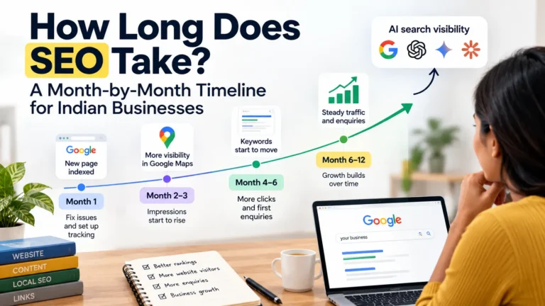 How long does SEO take? A month-by-month timeline showing website indexing, Google Maps visibility, keyword improvements, organic traffic growth, and enquiries for Indian businesses.