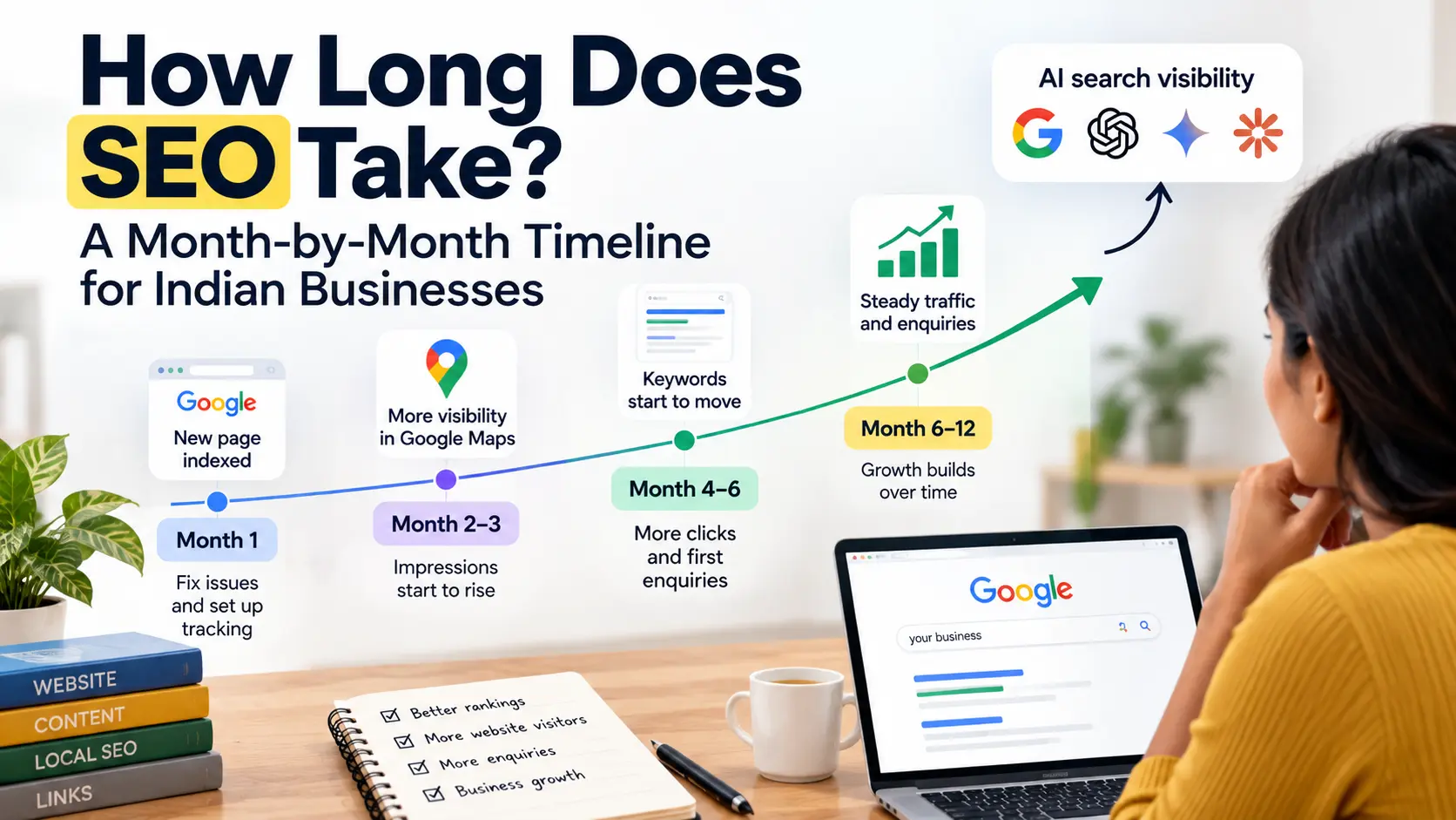 How long does SEO take? A month-by-month timeline showing website indexing, Google Maps visibility, keyword improvements, organic traffic growth, and enquiries for Indian businesses.