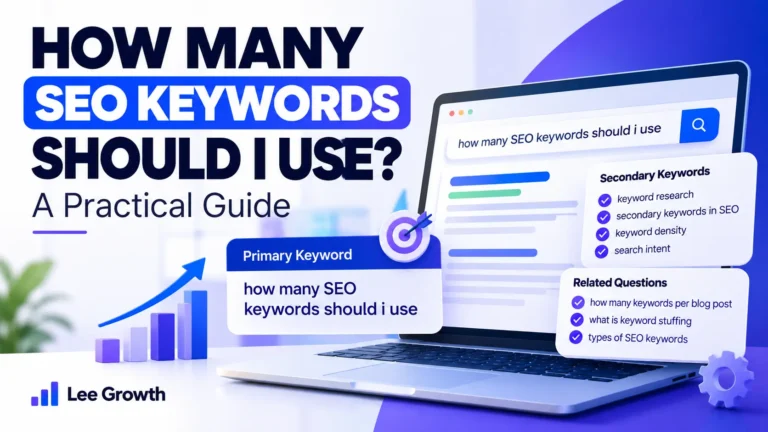 Featured image for how many SEO keywords should I use, showing primary keywords, secondary keywords, keyword research, and search intent.