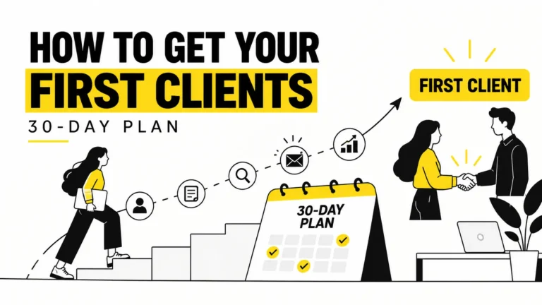 30-day plan showing how to get your first clients through outreach, networking, and a step-by-step client acquisition process