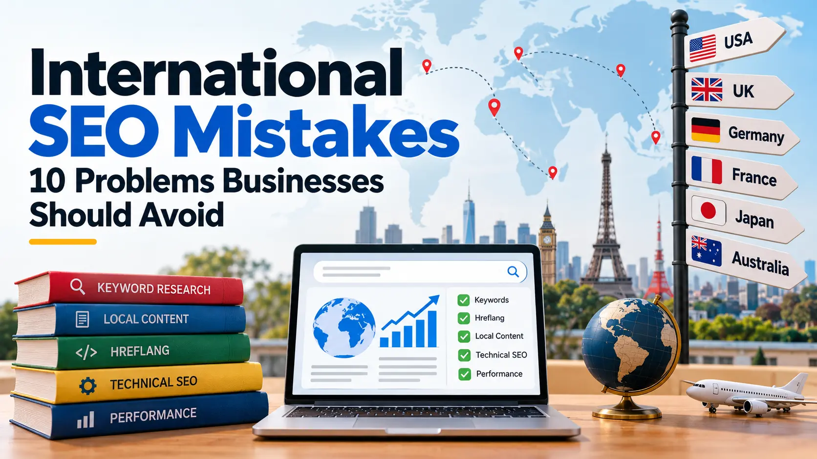 International SEO mistakes businesses should avoid when expanding into new countries, including keyword research, hreflang, localized content, and technical SEO.