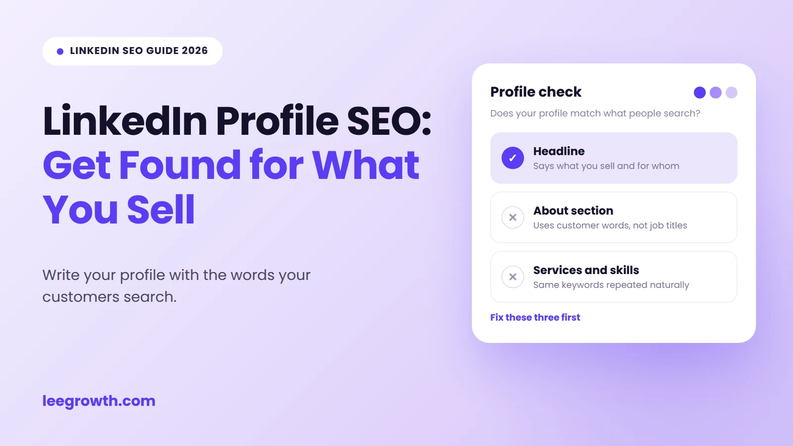 LinkedIn Profile SEO featured image showing a profile check card with headline, about section, and services checklist, by leegrowth.com