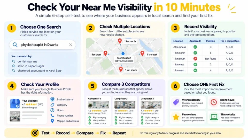 Six-step near me SEO self-test showing how to check local visibility from multiple locations
