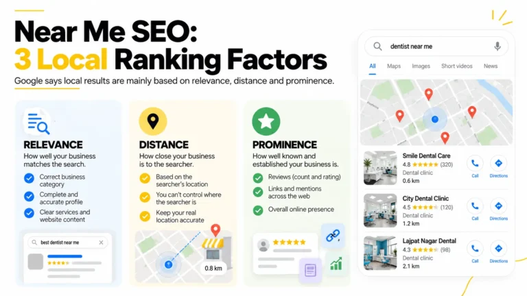 Near me SEO diagram showing relevance, distance and prominence as the three main factors in Google local results