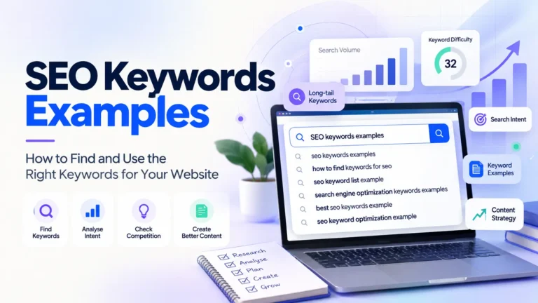 SEO keywords examples showing keyword research, search intent, and keyword analysis.
