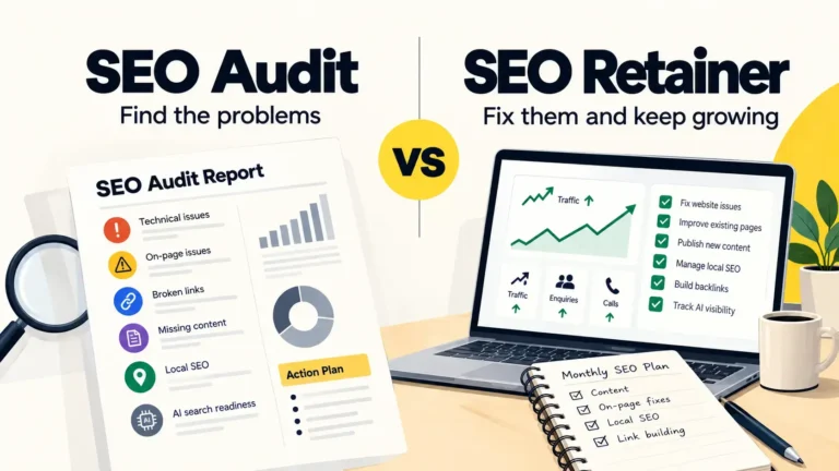 SEO retainer vs one-time SEO audit comparison showing an SEO audit report with website issues and an ongoing SEO dashboard tracking organic traffic, enquiries, and growth.