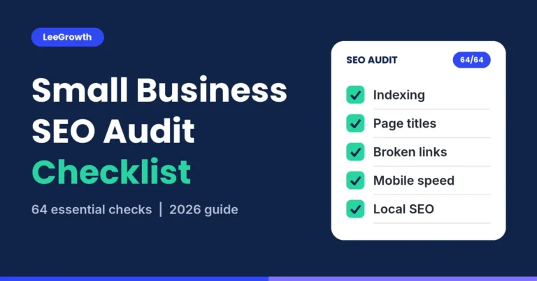 Small business SEO audit checklist with 64 checks covering indexing, page titles, broken links, mobile speed and local SEO