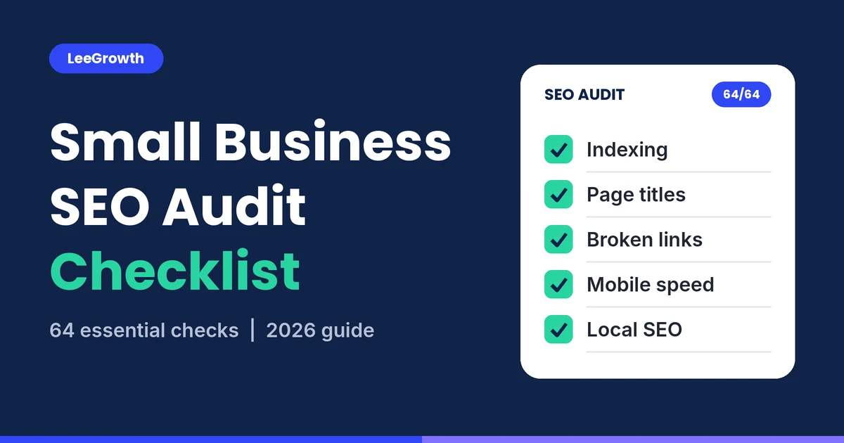 Small business SEO audit checklist with 64 checks covering indexing, page titles, broken links, mobile speed and local SEO