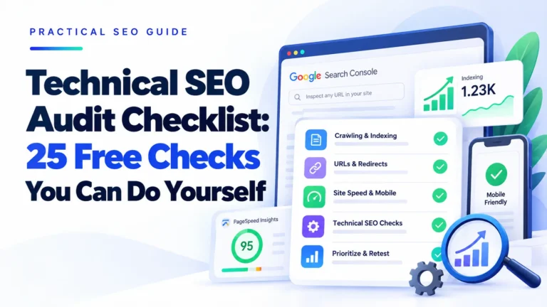 Technical SEO audit checklist showing crawling, indexing, URL redirects, mobile performance, and technical SEO checks.