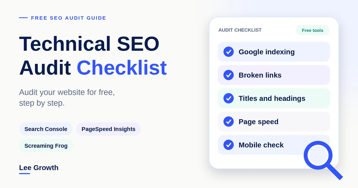 Technical SEO audit checklist with indexing, broken links, titles, speed and mobile checks
