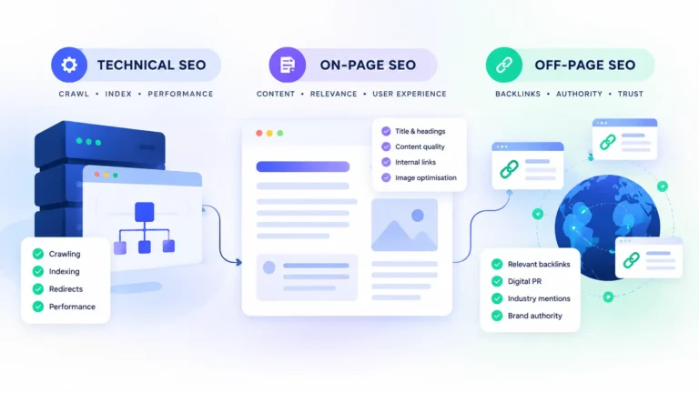 Technical SEO vs on-page SEO vs off-page SEO comparison infographic