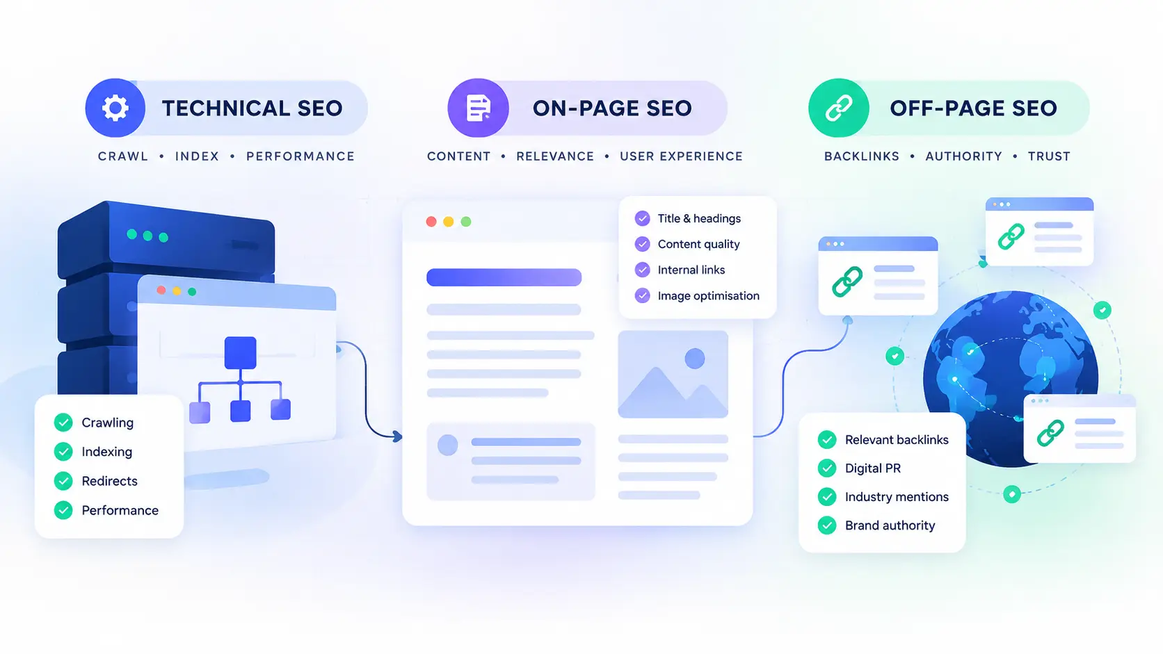 Technical SEO vs on-page SEO vs off-page SEO comparison infographic